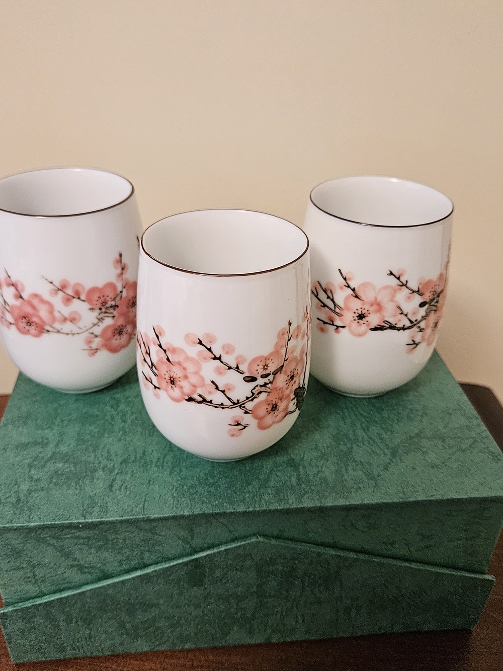 Porcelain Tea Cups with Pink Blossom Motif - Set of 3